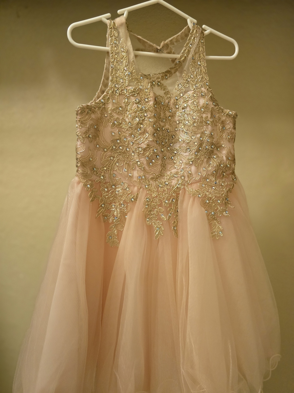 Girls' Peach Tulle Party Dress with Gold Embellished Bodice